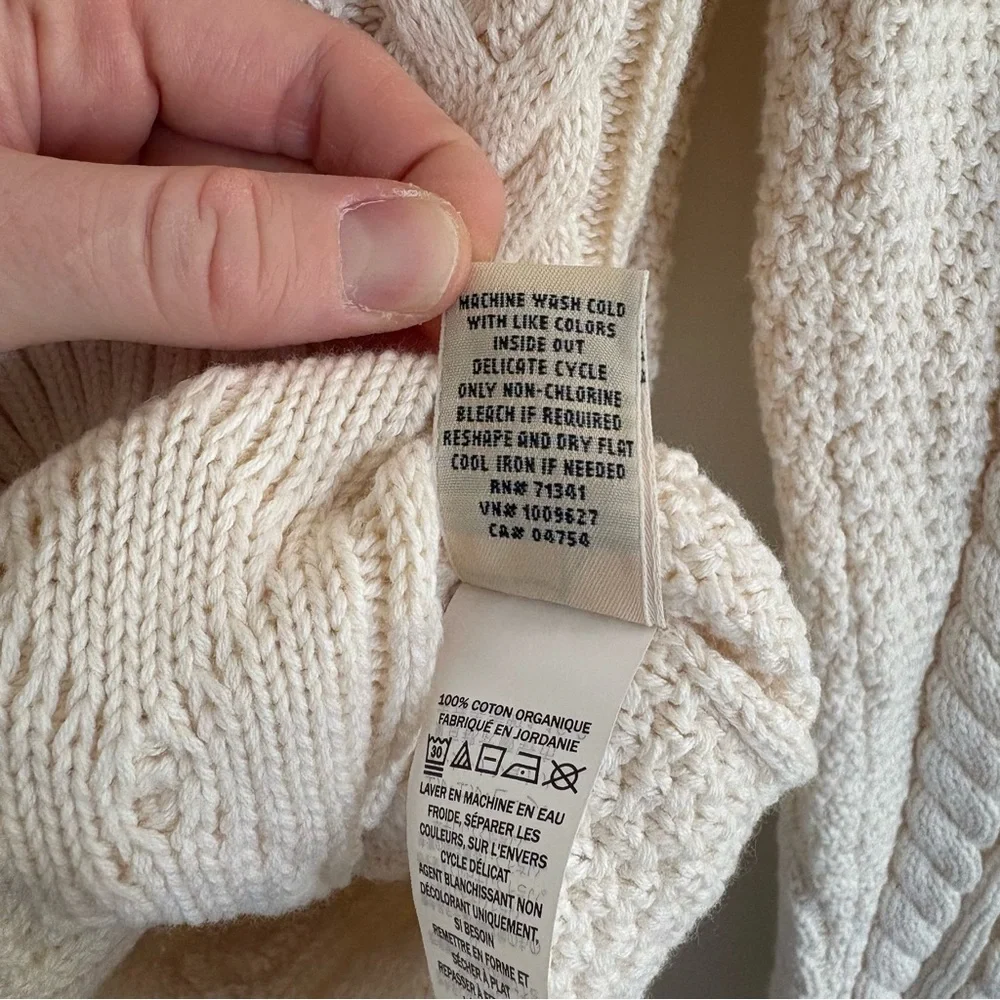L.L Bean Cream Cable Knit Sweater Women’s Size L 100% Organic Cotton Fisherman - Picture 4 of 8